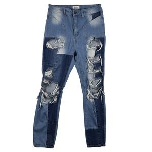 AP Blue Jeans Womens 13 Distressed Patchwork Two Tone Skinny Ripped Denim Pants‎